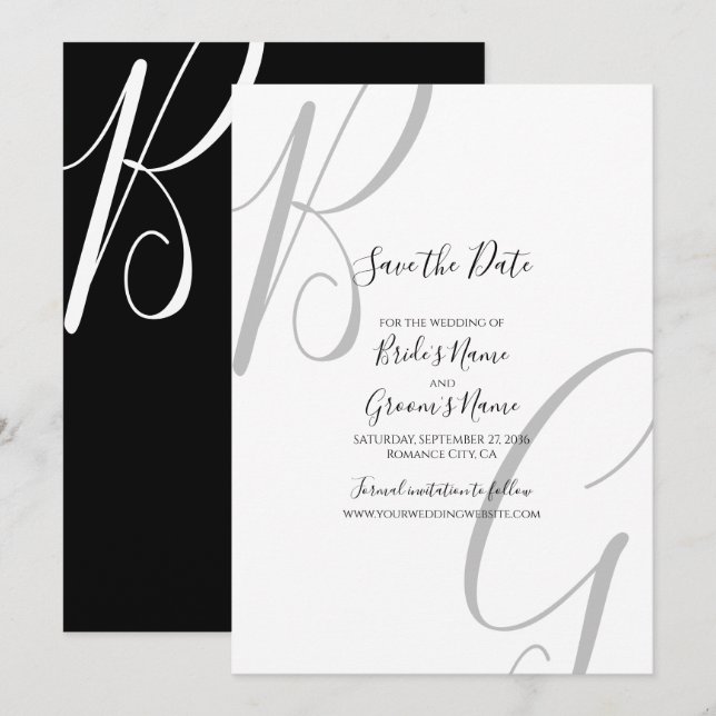 Save The Date Mariage des initiales du monogramme noir et blanc (Devant / Derrière)