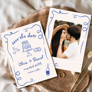Save The Date Mariage Dessin à la Main Fantaisiste Photo Bleu Ma