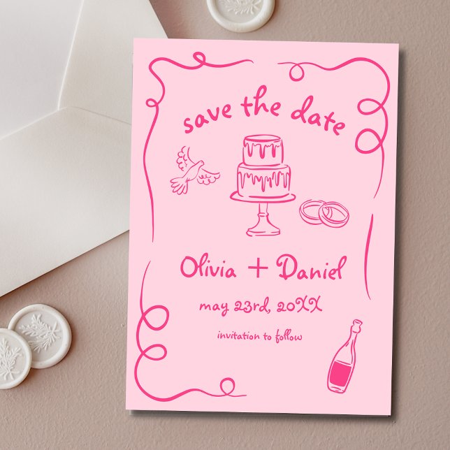 Save The Date Mariage Dessiné à la Main Funky Rose Chaud Fantais (Créateur téléchargé)