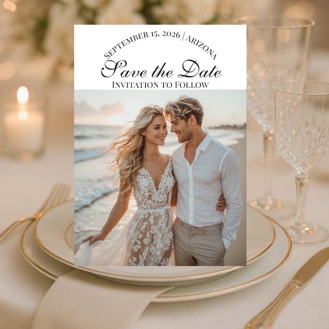 Save The Date Mariage Destination Deux Photos de Plage Script Mo (Modern Script Two Beach Photos Destination Wedding Save The Date)