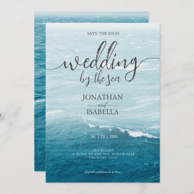 Save The Date Mariage d'été au bord de la mer bleue ondoyante om (Devant / Derrière)