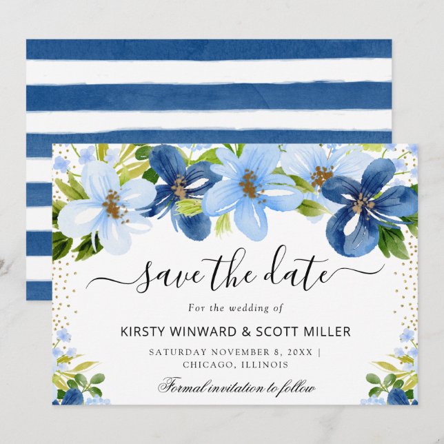 Save The Date Mariage d'été avec des fleurs bleues et navy (Devant / Derrière)