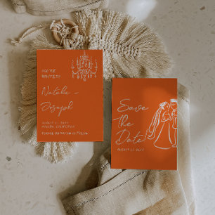 Save The Date Mariage d'été rétro à main levée orange moderne