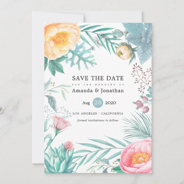 Save The Date Mariage d'été sur une plage florale tropicale (Devant)