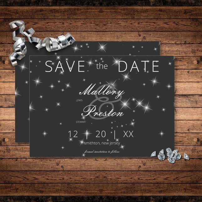 Save The Date Mariage d'étincelle d'hiver noir au charbon modern (Modern Charcoal Black Winter Sparkle Save the Date Card)