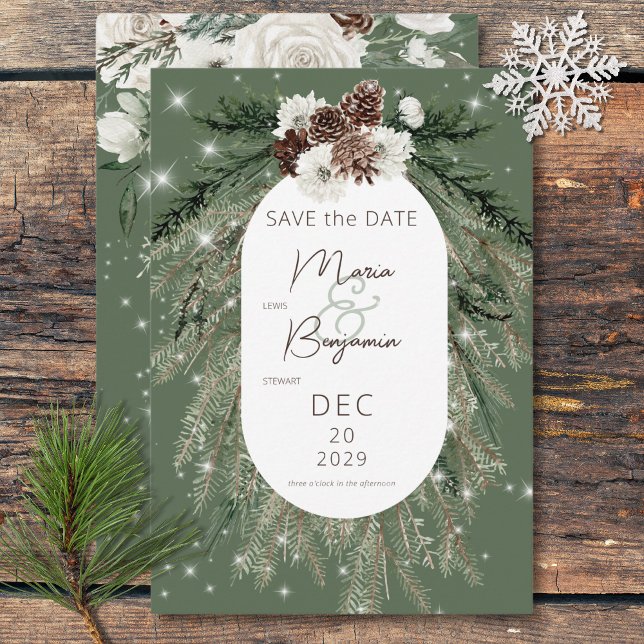 Save The Date Mariage d'étincelle d'hiver Rustique Green Pine (Rustic Green Pine Winter Sparkle Wedding Save The Date)