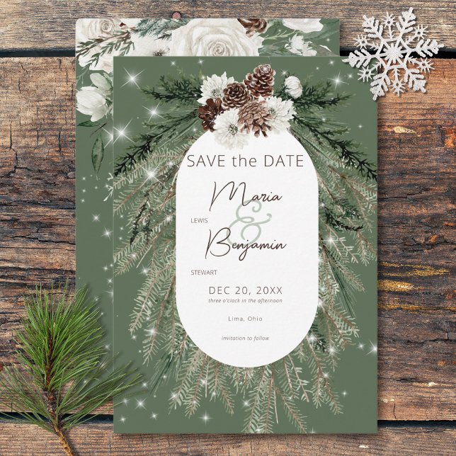Save The Date Mariage d'étincelle d'hiver Rustique Green Pine (Rustic Green Pine Winter Sparkle Wedding Save The Date)