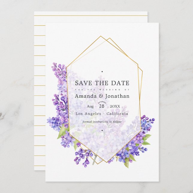 Save The Date Mariage d'Herbarium géométrique Pastel Violet et O (Devant / Derrière)