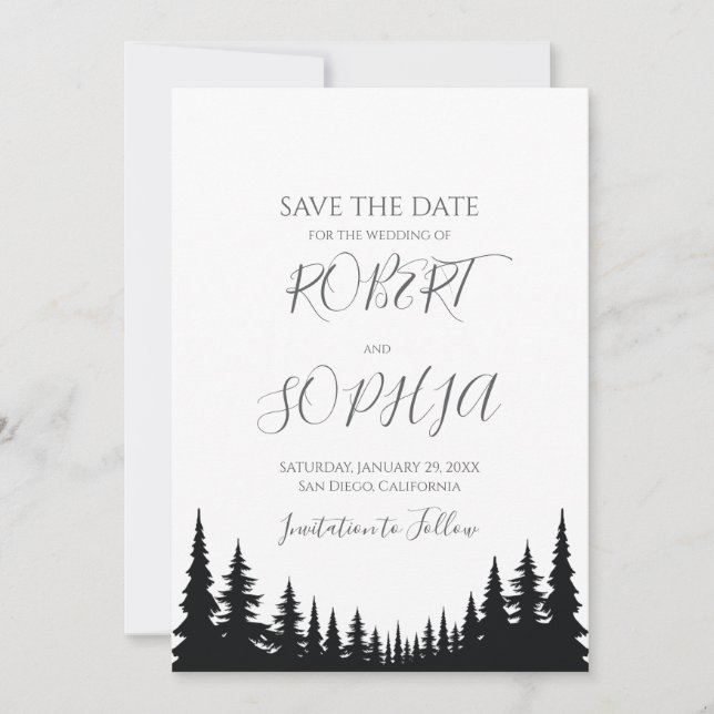 Save The Date Mariage d'hiver aux pins noirs et blancs (Devant)