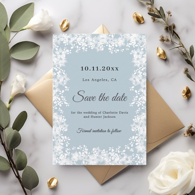 Save The Date Mariage d'hiver bleu poussiéreux aux flocons de ne (Créateur téléchargé)