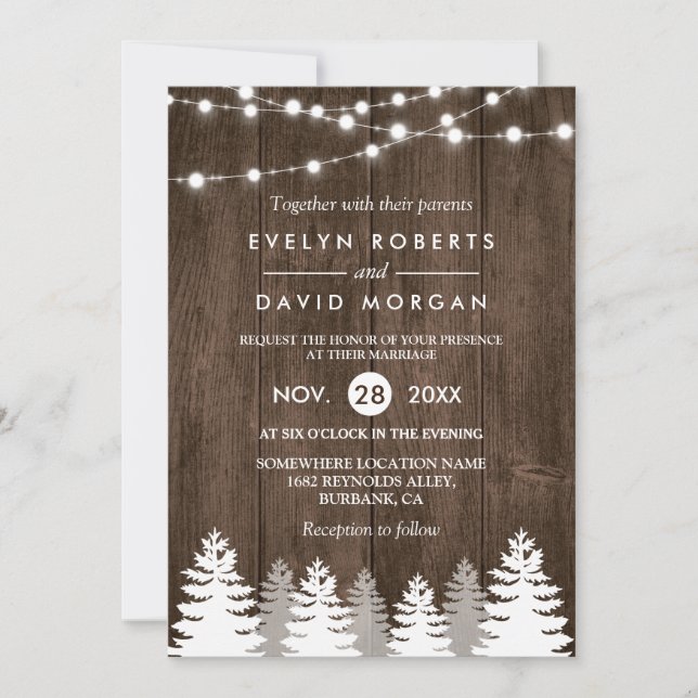 Save The Date Mariage d'hiver Bois Chaîne Lumières Pine Invitati (Devant)