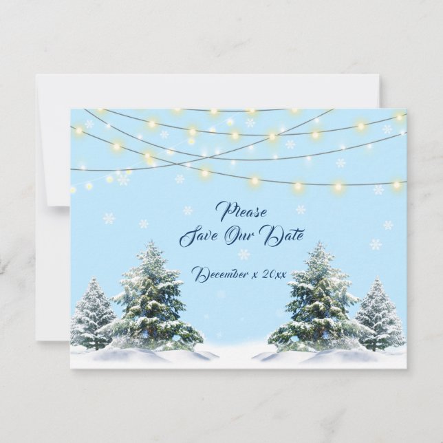 Save The Date Mariage d'hiver Chaîne Lumières Neige couvertArbre (Devant)