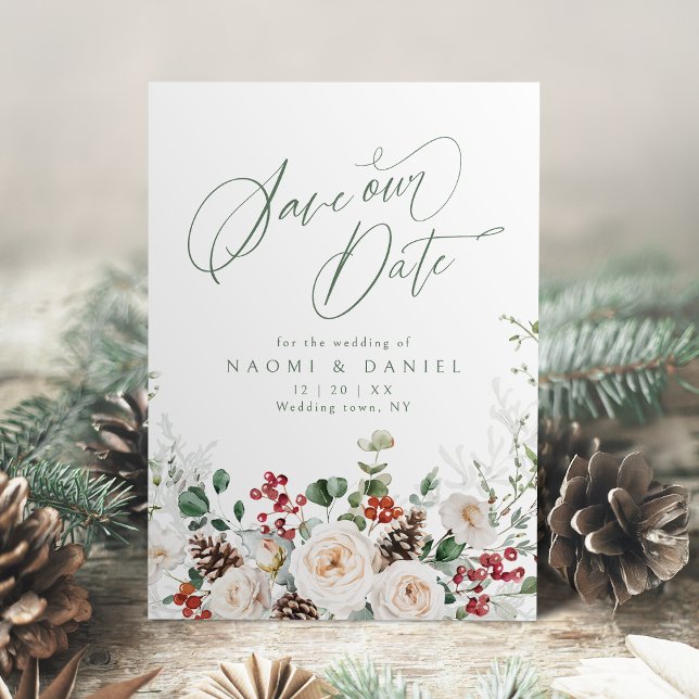 Save The Date Mariage d'hiver de Fête Florale Élégante (Elegant Festive Floral Holiday Winter Wedding Save The Date)