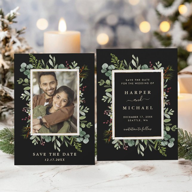 Save The Date Mariage d'hiver de verdure botanique Photo Noir (Front & Back)