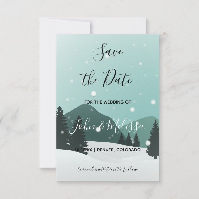 Save The Date Mariage d'hiver romantique Forêt de neige et monta (Devant)