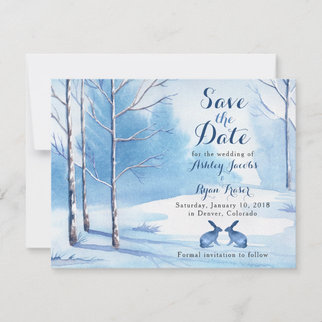 Save The Date Mariage d'hiver Sauvez la date Arbres lapins (Devant)