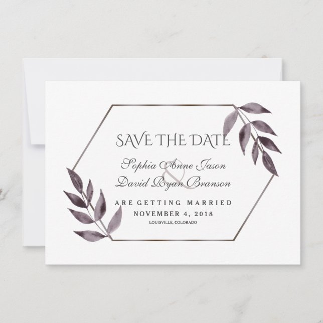 Save The Date Mariage Diamant Feuillage Encre Aquarelle Minimali (Devant)