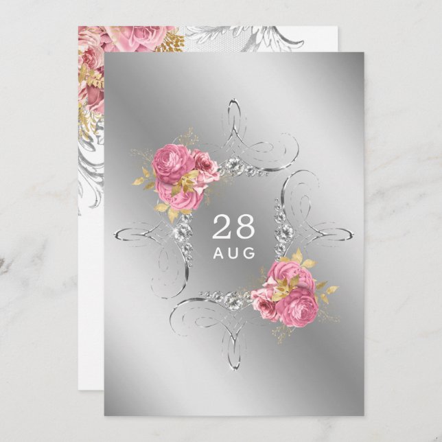 Save The Date Mariage diamant floral rose et or et argent (Devant / Derrière)