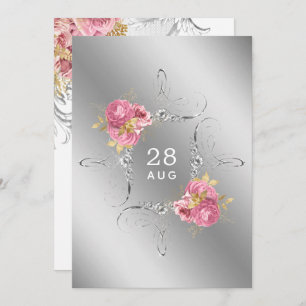 Save The Date Mariage diamant floral rose et or et argent