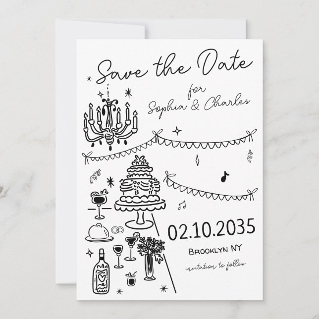 Save The Date Mariage d'illustration noir dessiné à la main luna (Devant)