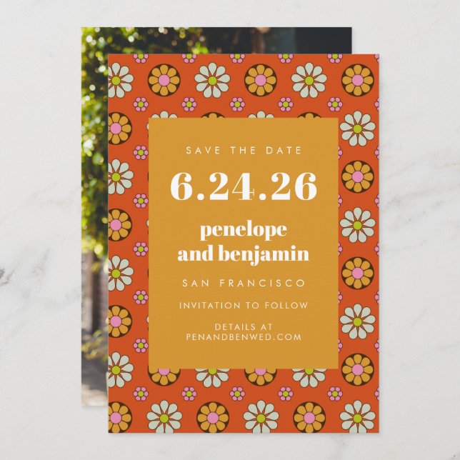 Save The Date Mariage d'image orange brillant les années 70 Fleu (Devant / Derrière)