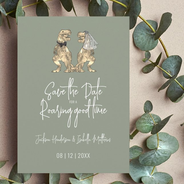 Save The Date Mariage Dinosaure Mariée & Marié Vert Sage (Funny Dinosaur wedding save the date sage green and white invitation whimsical elegant modern script)
