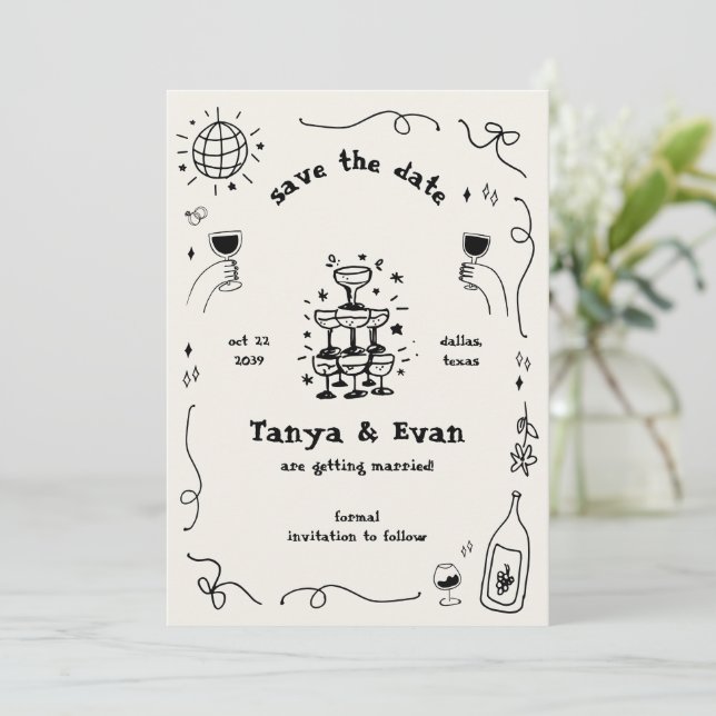 Save The Date Mariage Discothèque Tour Champagne Dessin À La Mai (Debout devant)