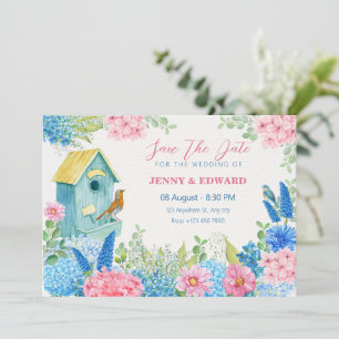Save The Date Mariage d'oiseau fleurs rose bleu