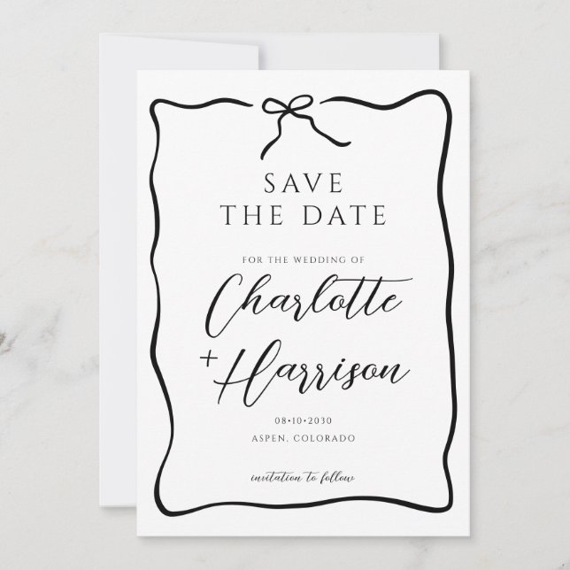 Save The Date Mariage Doodle de Ruban à Arc de Script Fantaisist (Devant)