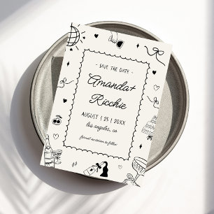 Save The Date Mariage Doodle Fantaisiste Rétro Dessiné à la Main