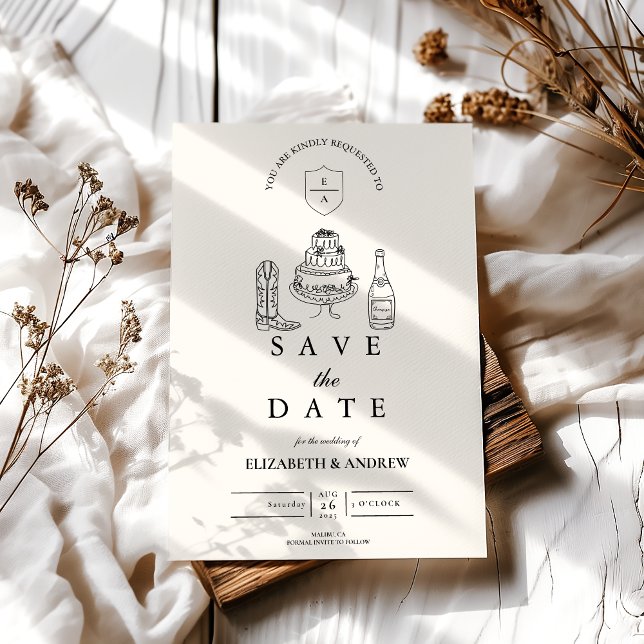 Save The Date Mariage doodlé main noire et blanche occidentale  (Créateur téléchargé)