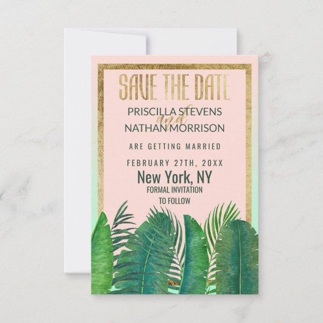 Save The Date Mariage d'or en feuille de bananier tropical (Devant)