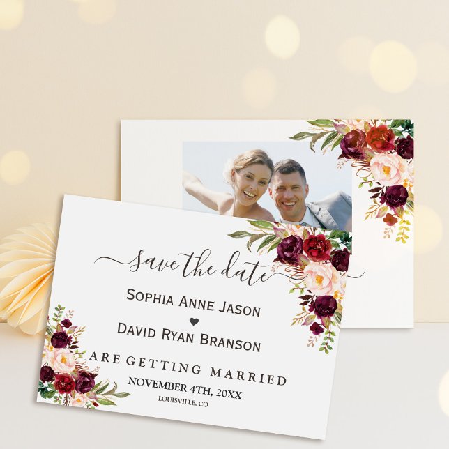 Save The Date Mariage d'or Floral Rouge Bourgogne Marsala (Créateur téléchargé)