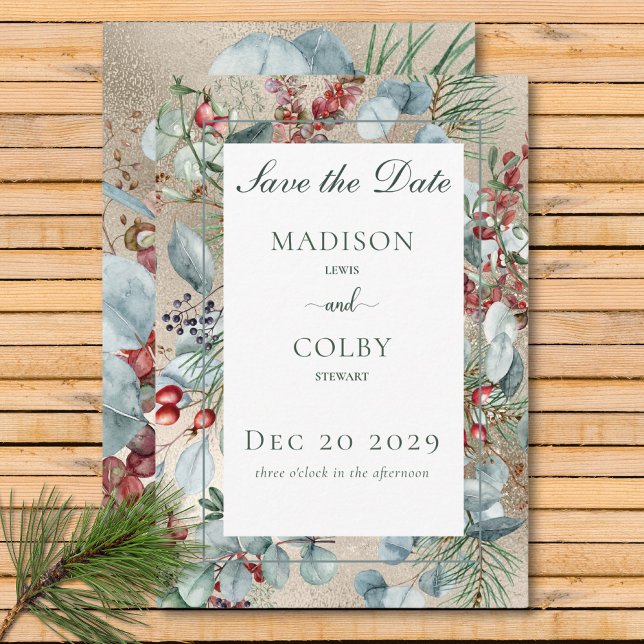 Save The Date Mariage d'or pour Noël d'hiver (Winter Christmas Greenery Gold Wedding Save The Date)