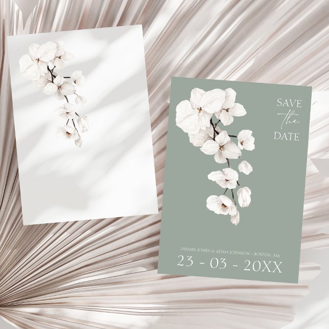 Save The Date Mariage d'orchidée blanche moderne Sage Green (Modern Sage Green White Orchids Wedding Save the Date Card)