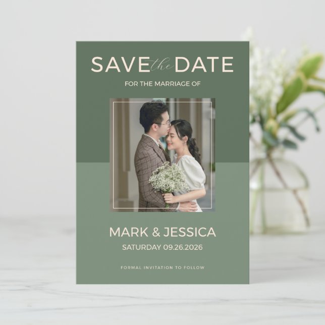 Save The Date Mariage double bonheur Vert sauge (Debout devant)