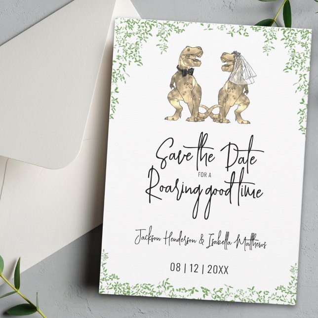 Save The Date Mariage drôle de dinosaure mariée et marié (Funny dinosaur bride and groom roaring good time wedding save the date invitation)