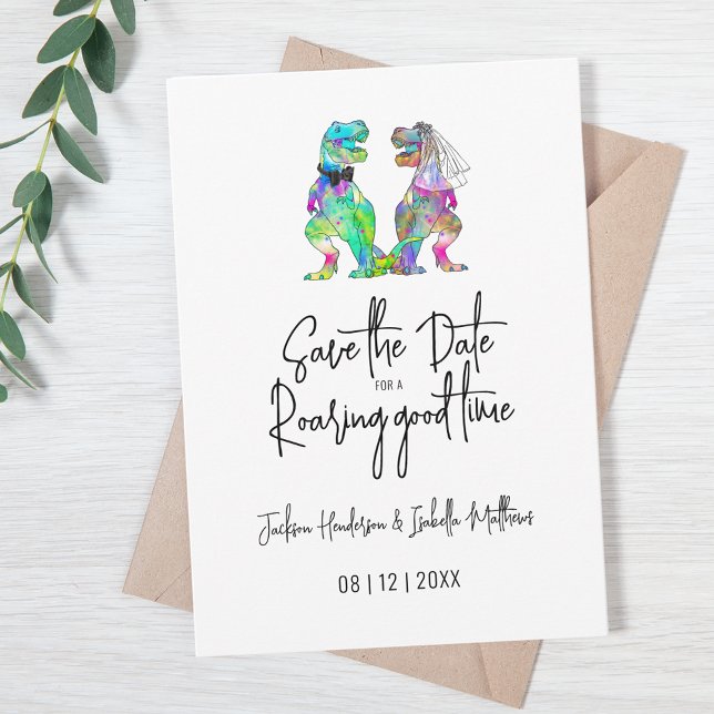 Save The Date Mariage drôle de dinosaure mariée et marié (Funny dinosaur bride and groom wedding save the date invitation for a roaring good time quote)