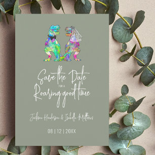 Save The Date Mariage drôle de dinosaure mariée et marié vert sa