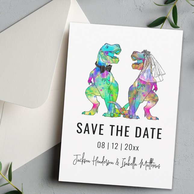 Save The Date Mariage drôle sur le thème des dinosaures (Funny T-Rex bride and groom Dinosaur wedding save the date Colorful vibrant psychedelic dino)