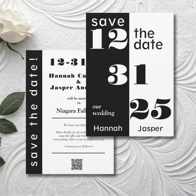 Save The Date Mariage du Nouvel An chic noir et blanc (Bold and Modern Chic Save the Date for a New Year's Eve Wedding)