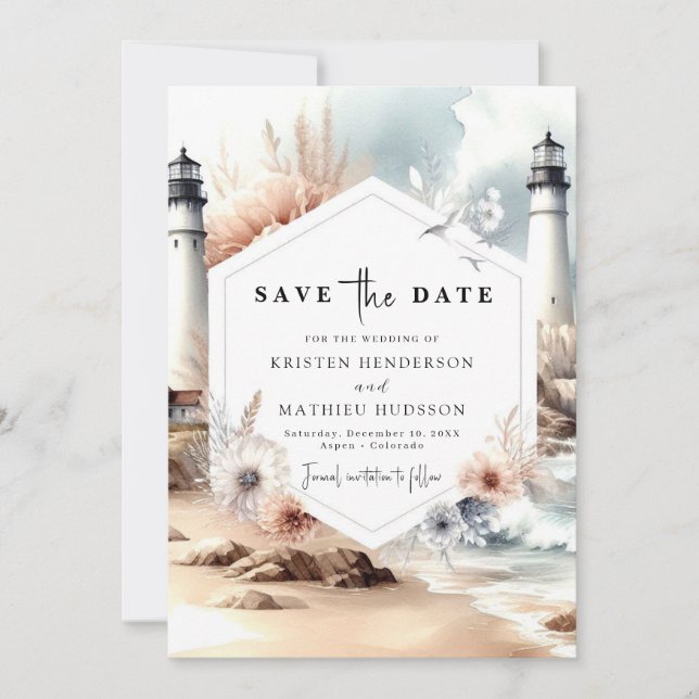 Save The Date Mariage du phare des vagues minimales (Devant)