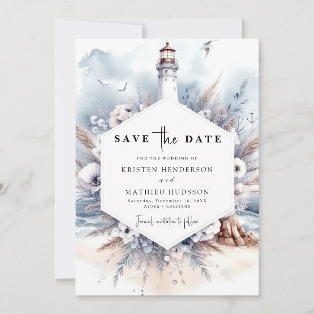 Save The Date Mariage du phare des vagues océaniques romantiques (Devant)