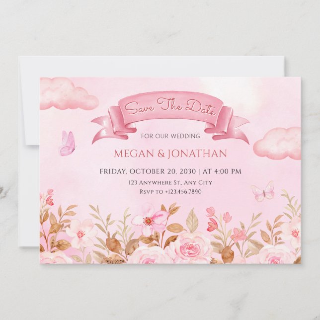 Save The Date Mariage d'un jardin fleuri rose pastel (Devant)