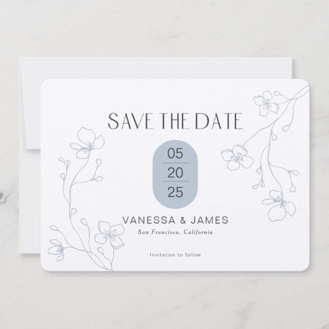 Save The Date Mariage d'un jardin floral bleu poussiéreux d'hive (Devant)