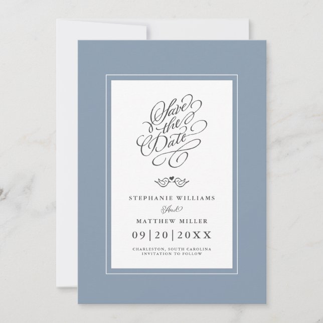 Save The Date Mariage Dusty Blue Calligraphie Imprimable numériq (Devant)