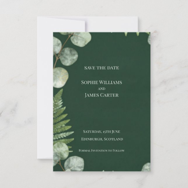 Save The Date Mariage Écossais Fougère Eucalyptus Vert Foncé (Devant)