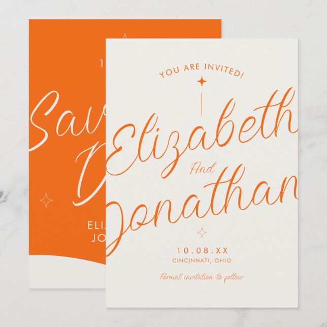 Save The Date Mariage écriture manuscrite moderne gras Orange Ré (Devant / Derrière)