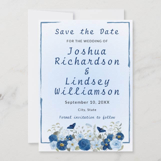Save The Date Mariage Élégance Botanique Bleue  (Devant)