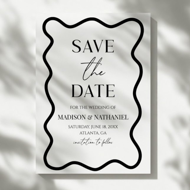 Save The Date Mariage élégant à bordure ondulée noir et blanc (Créateur téléchargé)
